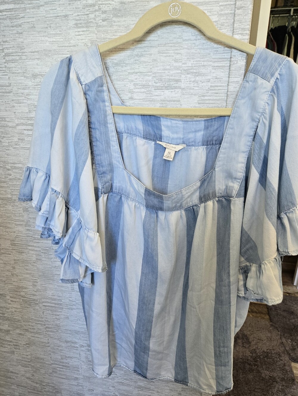 Light Blue Striped Women’s Blouse - Soft Square Neck